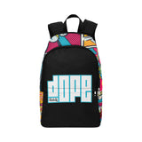 backpack with the word dope on the front, copyright 2&Fro primary color comic book print on the top and sides.
