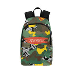 Yellow, Orange, and green camo mixed with targets print on the top and side of backpack. The word relentless is on the front in an orangish colored background with white lettering.