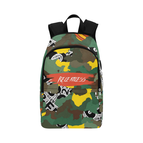 Yellow, Orange, and green camo mixed with targets print on the top and side of backpack. The word relentless is on the front in an orangish colored background with white lettering.