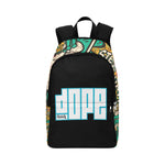 backpack with the word dope on the front, copyright 2&Fro teal and yellow color comic book print on the top and sides.