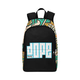 backpack with the word dope on the front, copyright 2&Fro teal and yellow color comic book print on the top and sides.